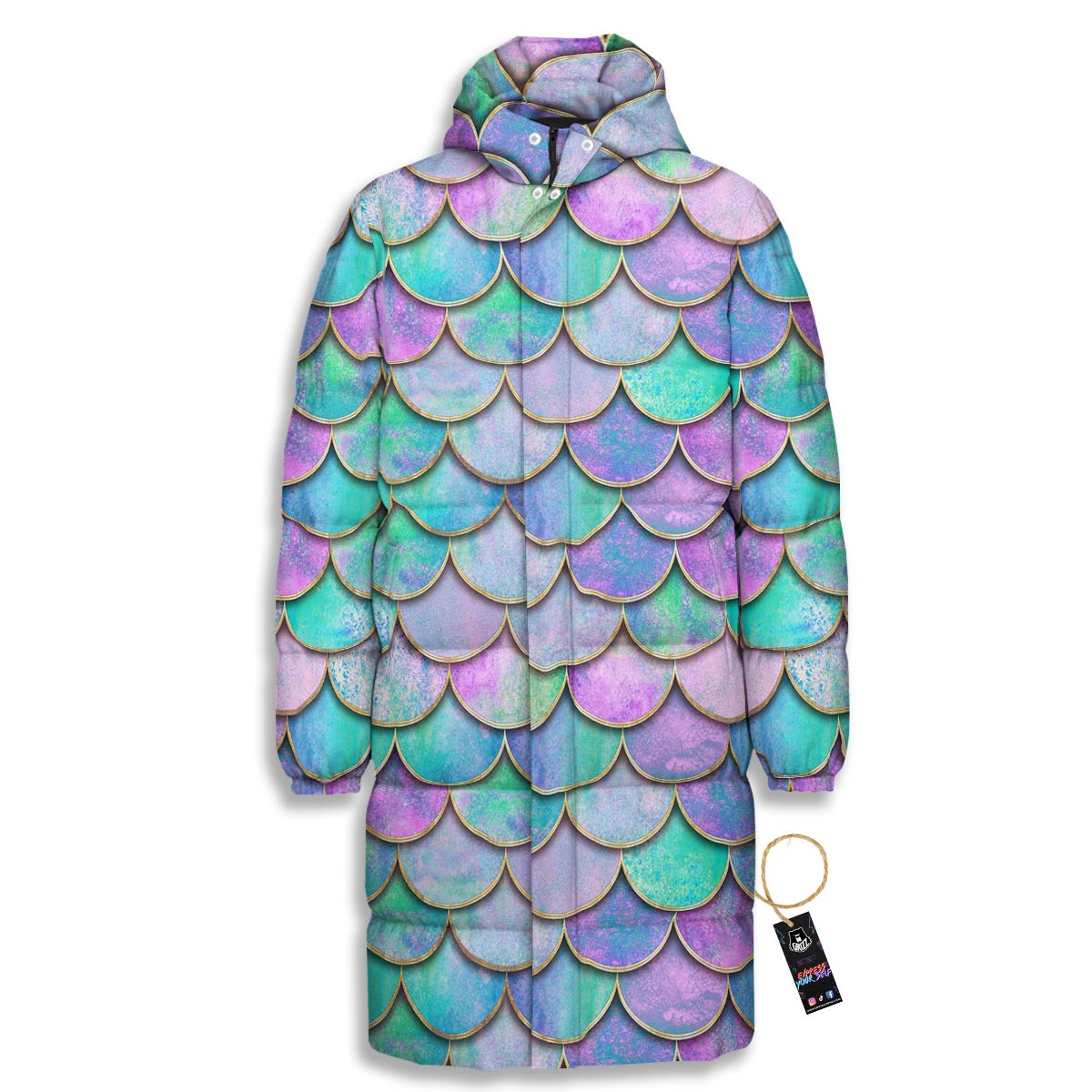 Mermaid Scales Teal Purple Print Pattern Long Down Jacket-grizzshop