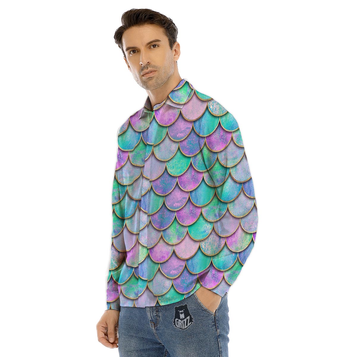 Mermaid Scales Teal Purple Print Pattern Men's Dress Shirts-grizzshop