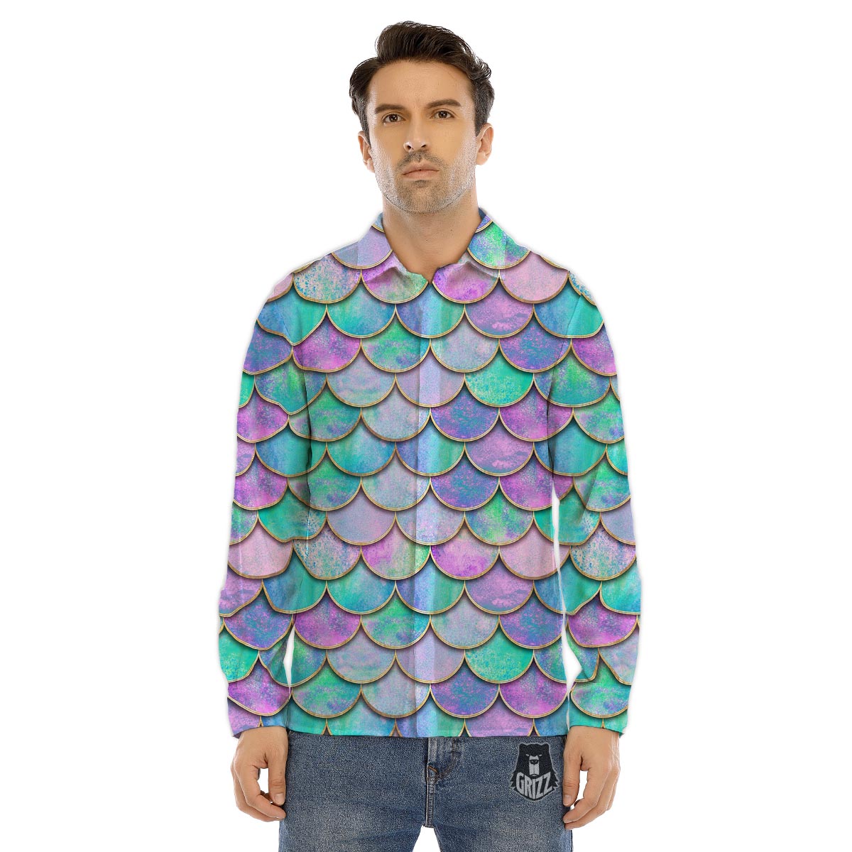 Mermaid Scales Teal Purple Print Pattern Men's Dress Shirts-grizzshop
