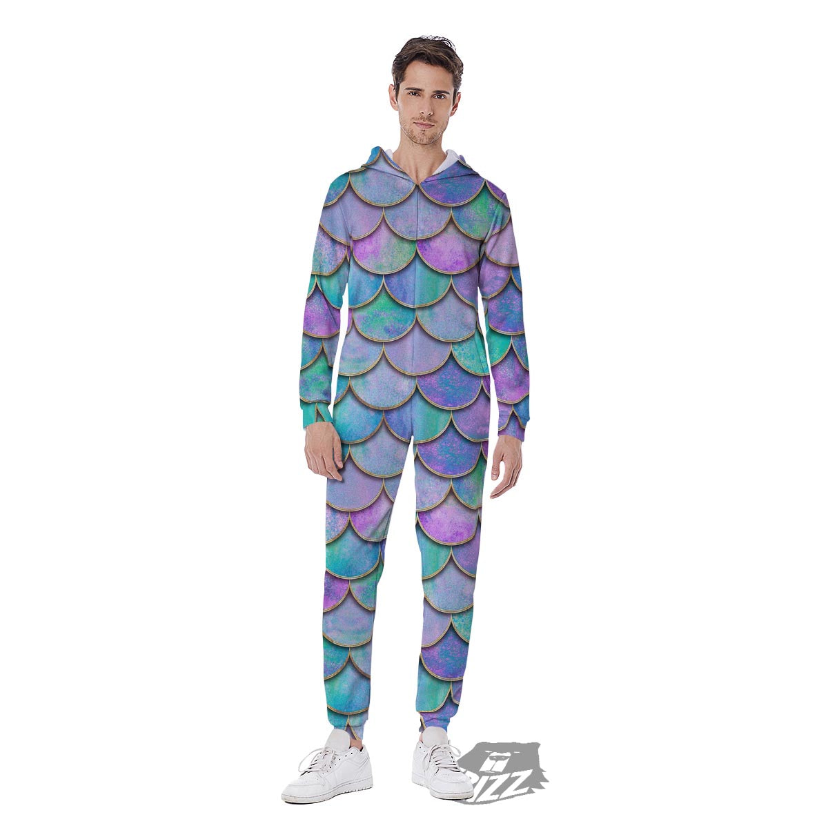 Mermaid Scales Teal Purple Print Pattern Men's Jumpsuit-grizzshop