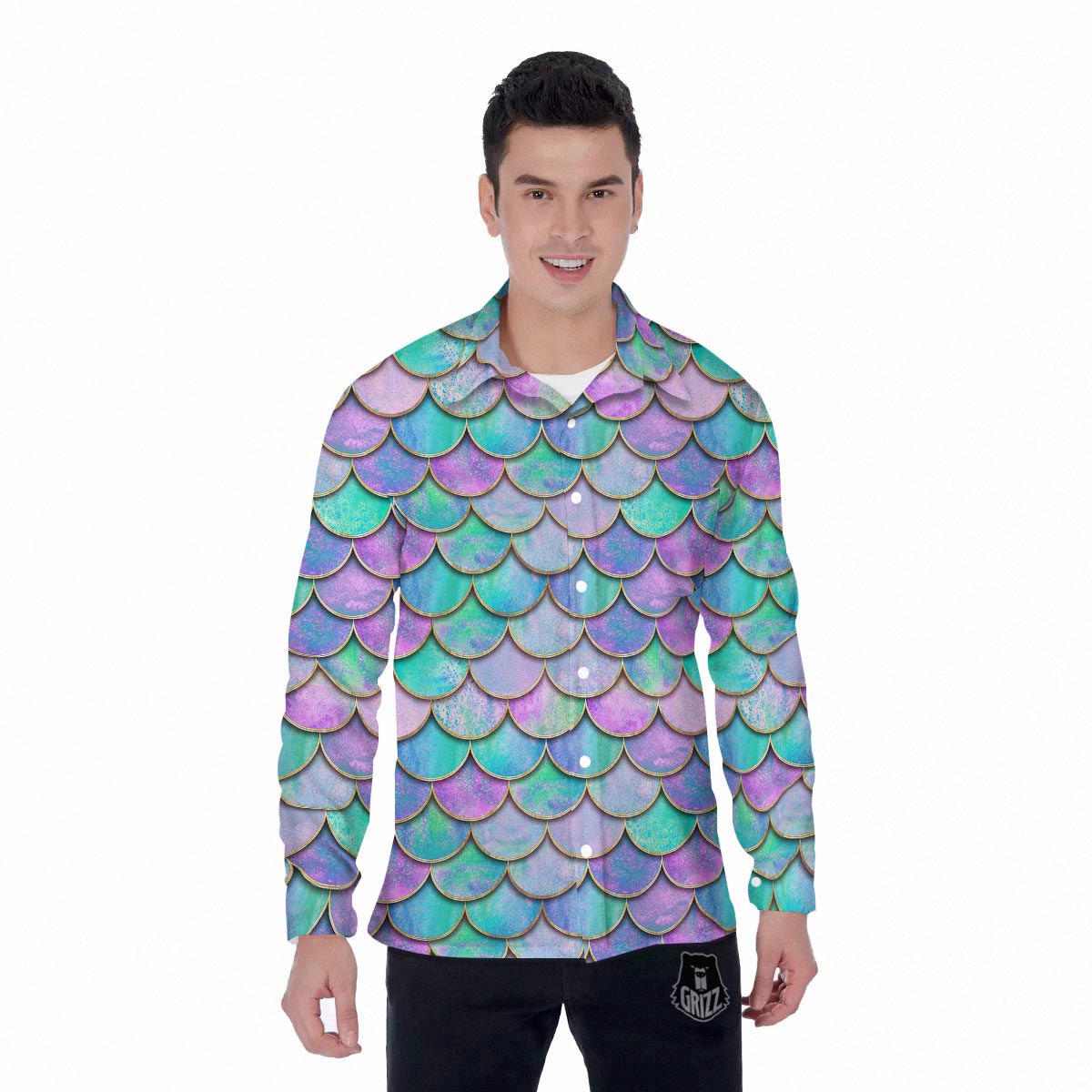 Mermaid Scales Teal Purple Print Pattern Men's Long Sleeve Shirts-grizzshop