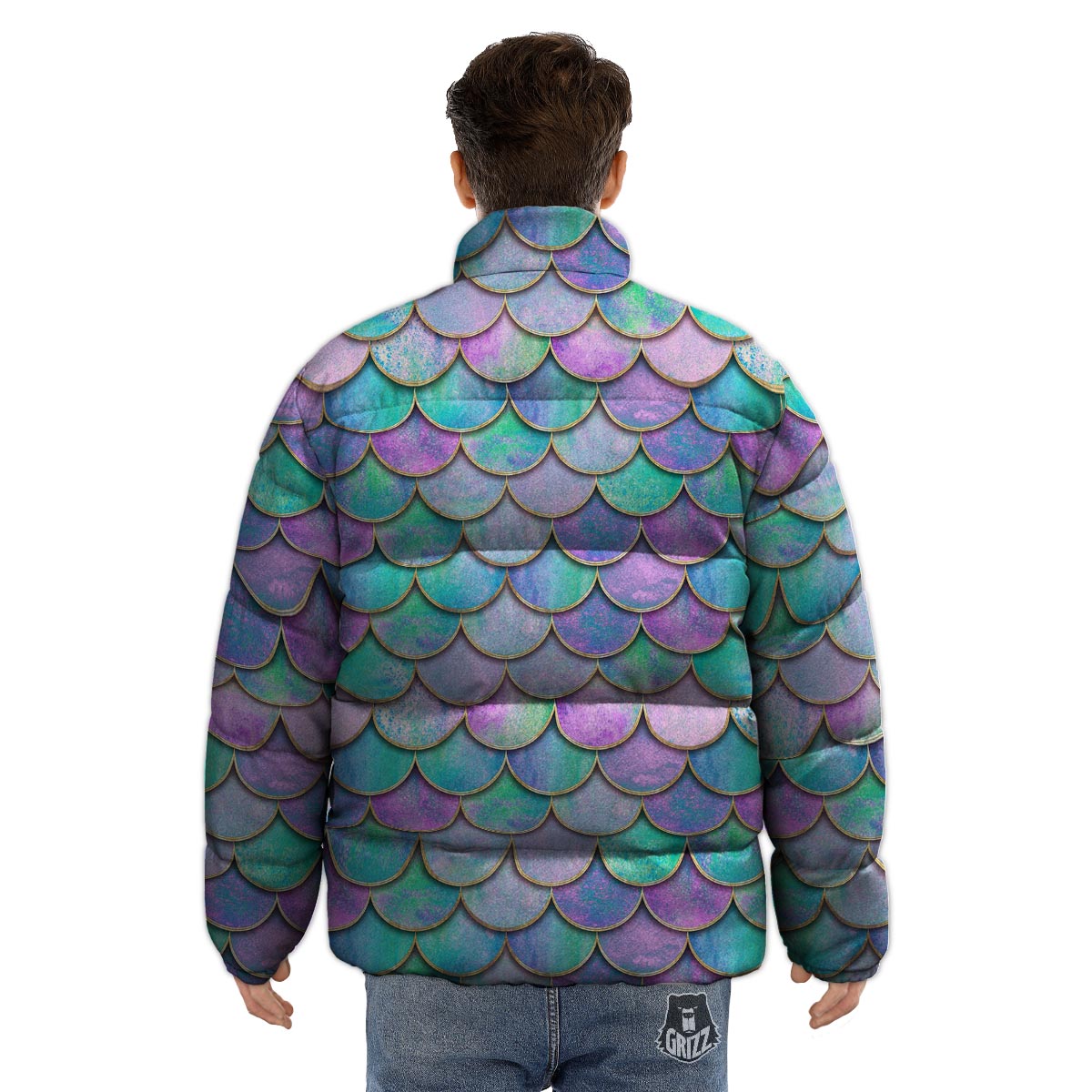 Mermaid Scales Teal Purple Print Pattern Puffer Jacket-grizzshop