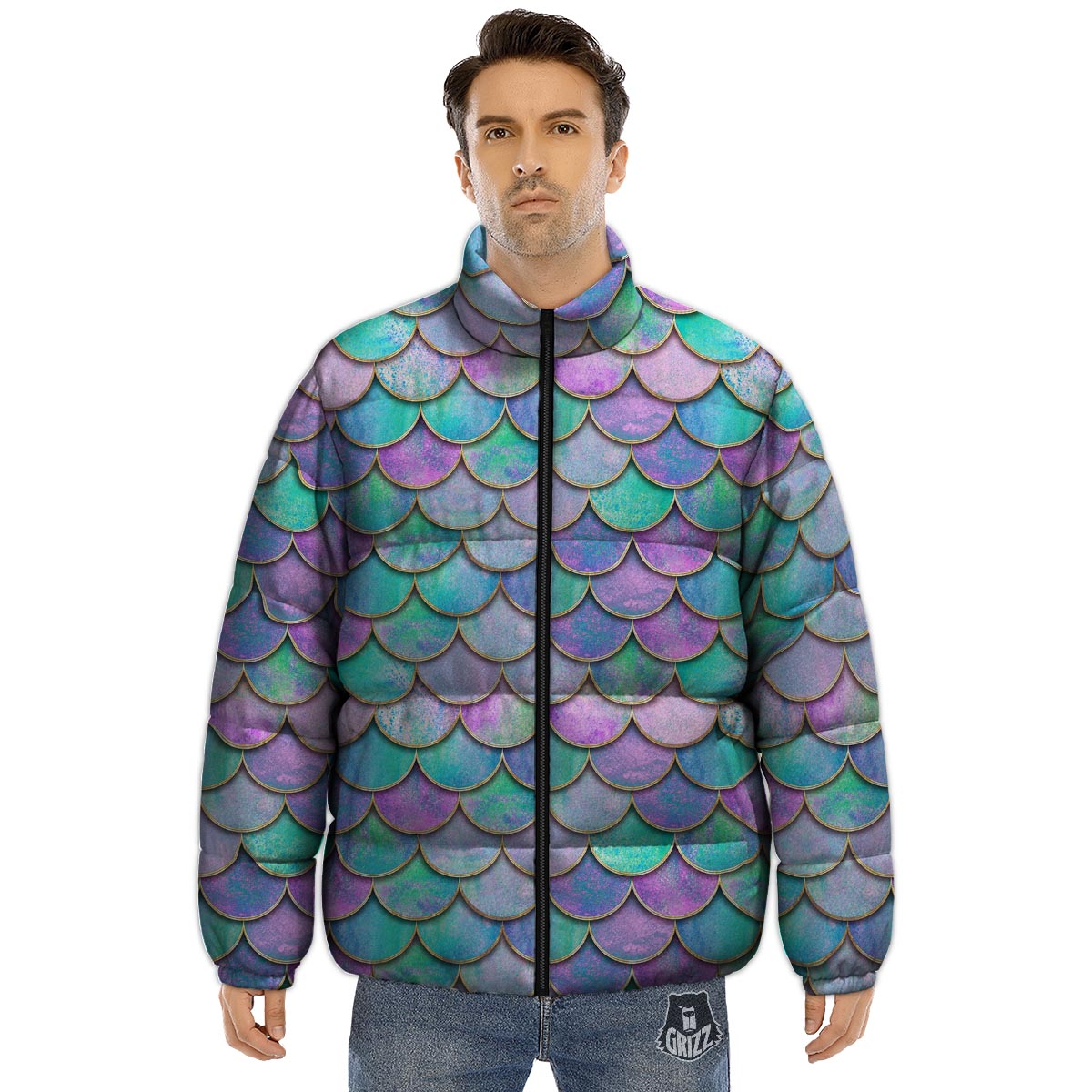 Mermaid Scales Teal Purple Print Pattern Puffer Jacket-grizzshop