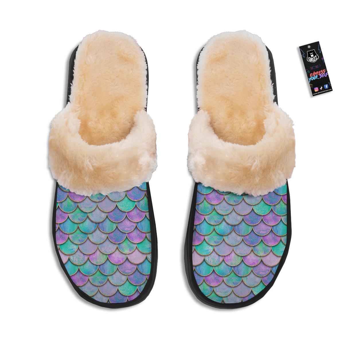 Mermaid Scales Teal Purple Print Pattern Slippers-grizzshop