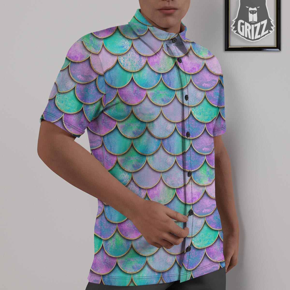 Mermaid Scales Teal Purple Print Pattern Untucked Shirts-grizzshop