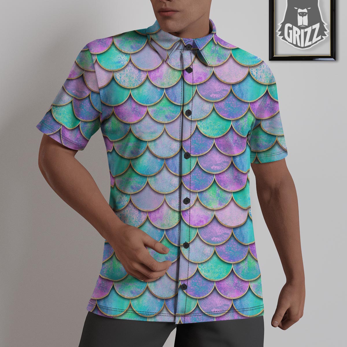 Mermaid Scales Teal Purple Print Pattern Untucked Shirts-grizzshop