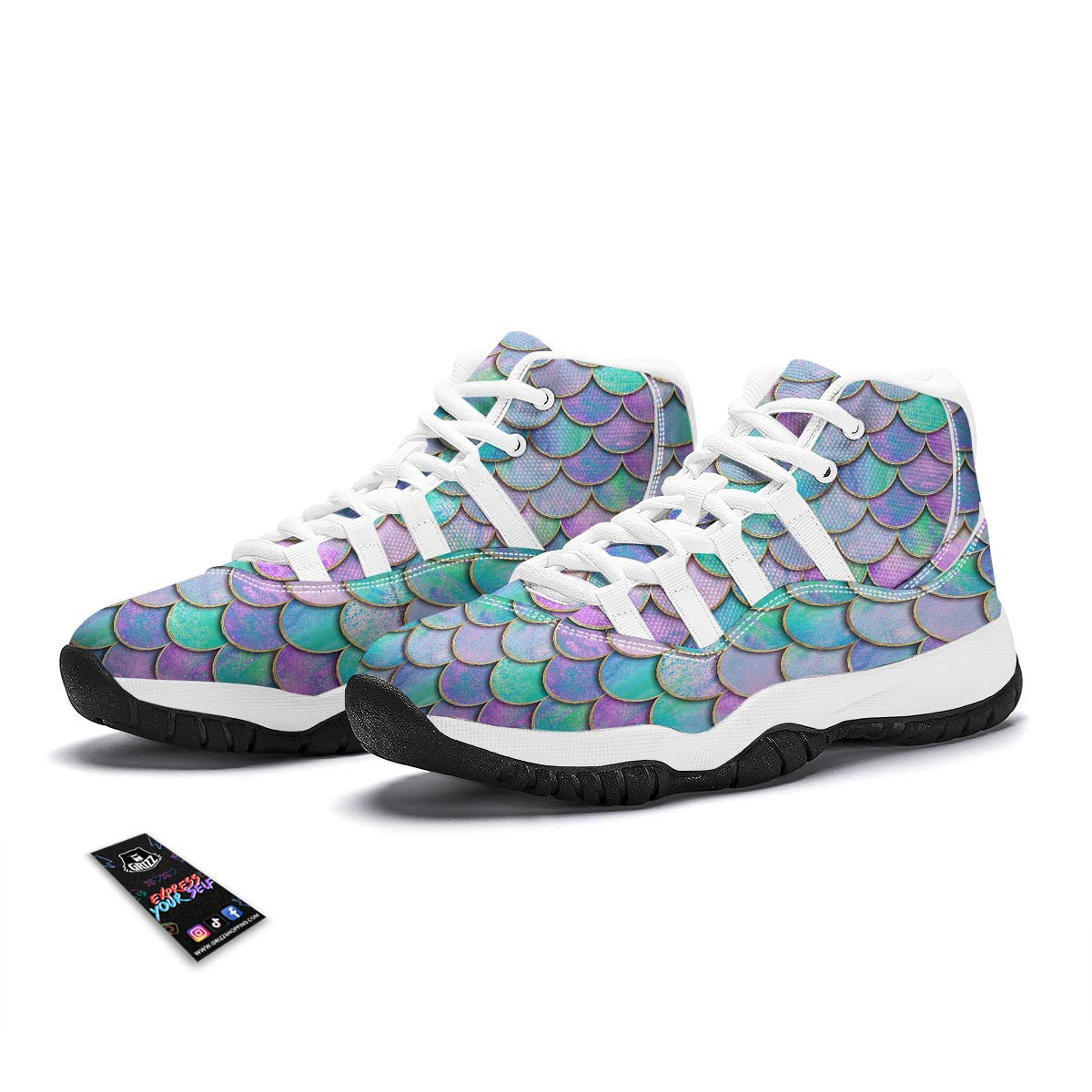 Mermaid Scales Teal Purple Print Pattern White Bball Shoes-grizzshop