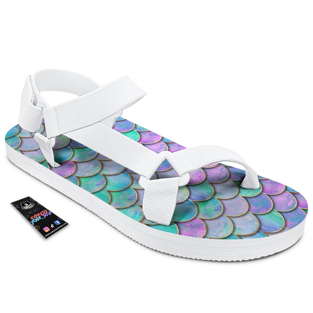 Mermaid Scales Teal Purple Print Pattern White Open Toe Sandals-grizzshop