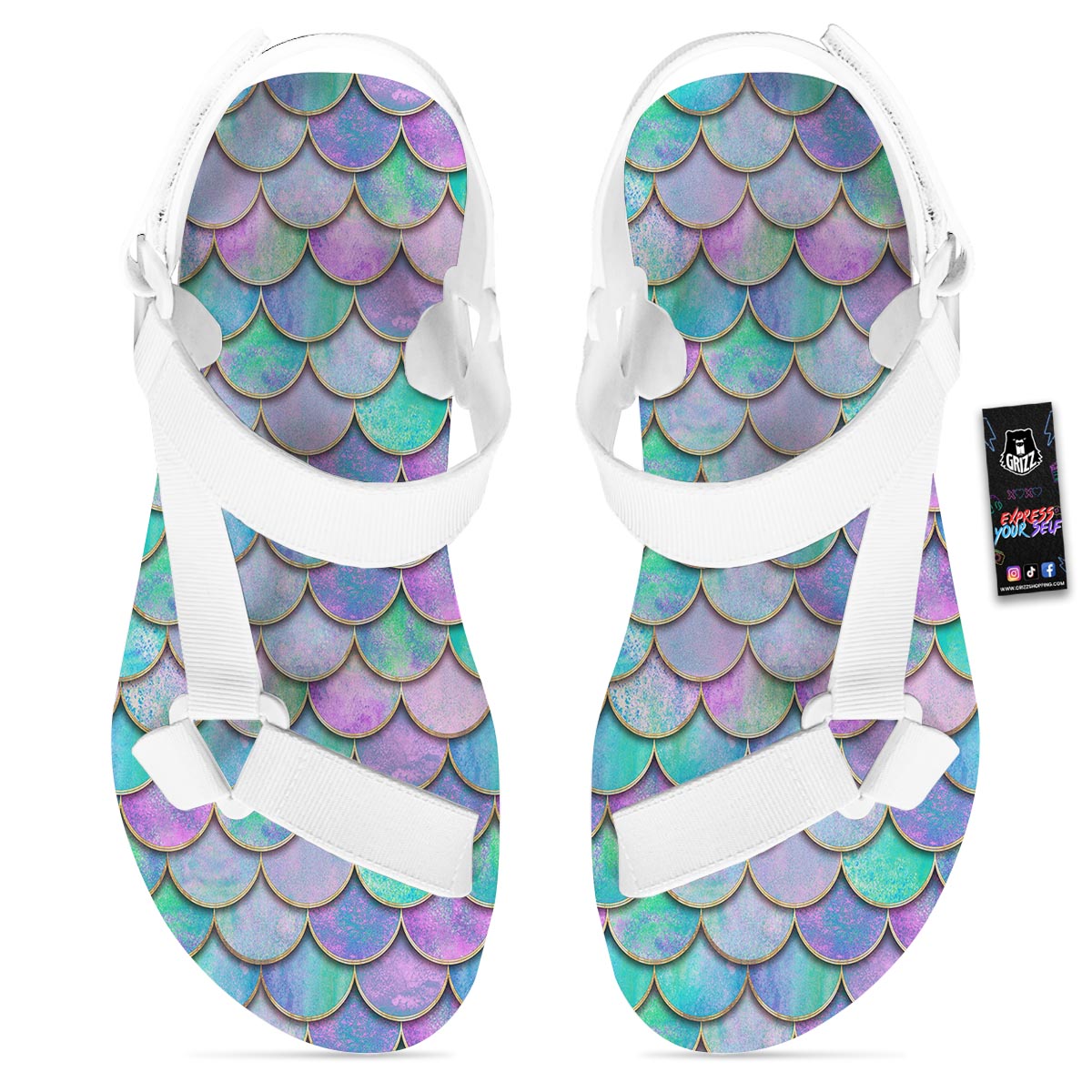 Mermaid Scales Teal Purple Print Pattern White Open Toe Sandals-grizzshop