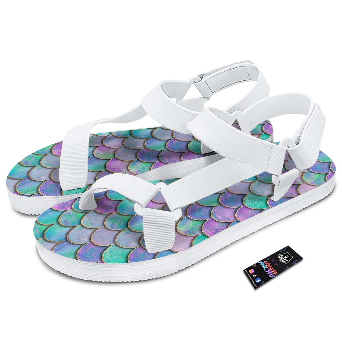 Mermaid Scales Teal Purple Print Pattern White Open Toe Sandals-grizzshop
