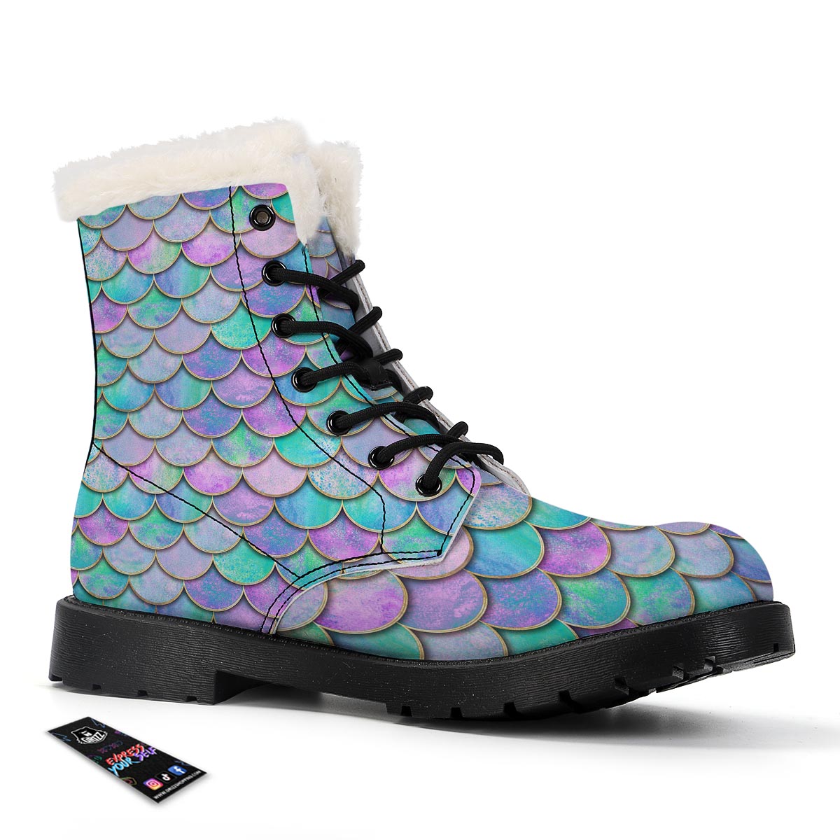 Mermaid Scales Teal Purple Print Pattern Winter Boots-grizzshop