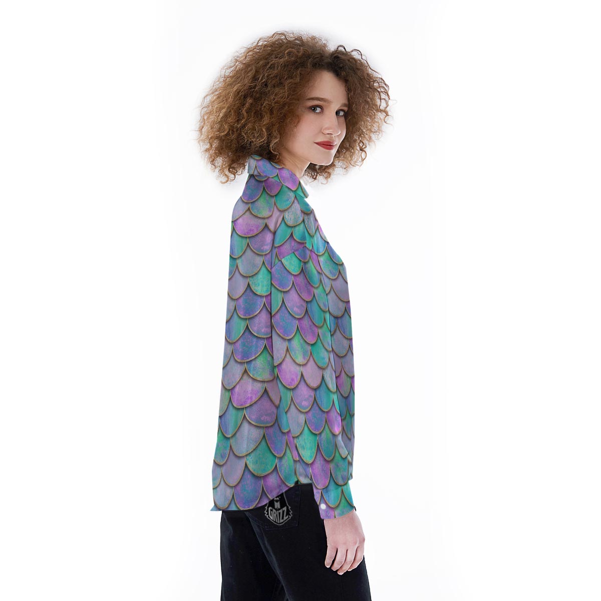 Mermaid Scales Teal Purple Print Pattern Women's Long Sleeve Shirts-grizzshop