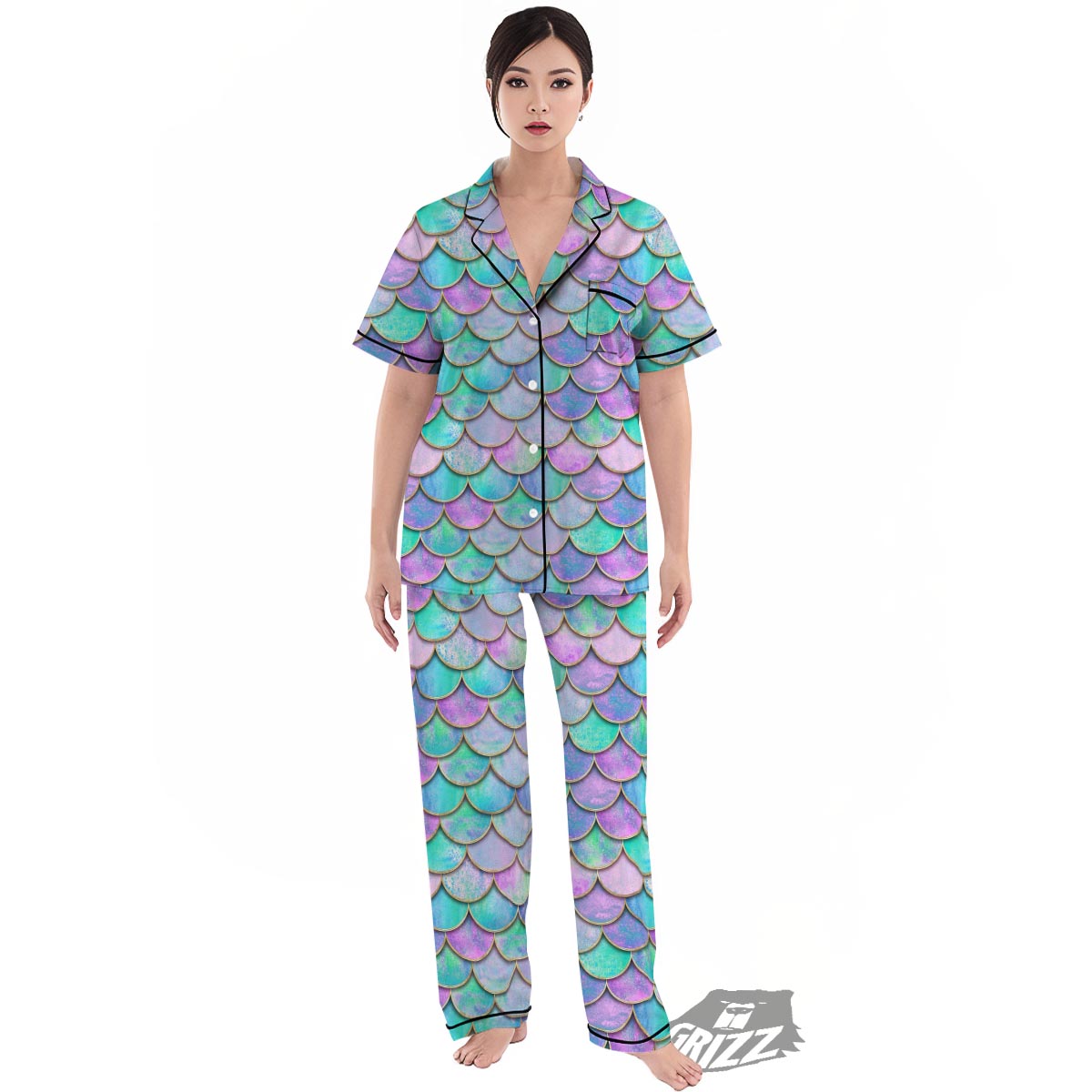 Mermaid Scales Teal Purple Print Pattern Women's Pajamas Set-grizzshop