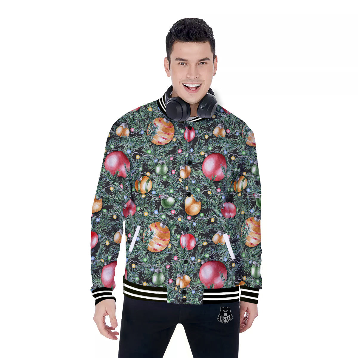 Merry Christmas Watercolor Print Pattern Baseball Jacket-grizzshop