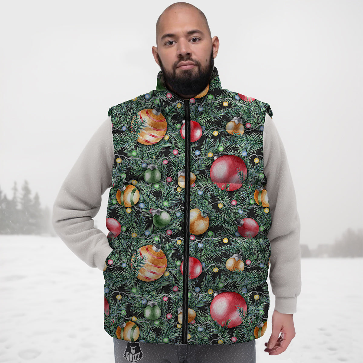 Merry Christmas Watercolor Print Pattern Down Vest