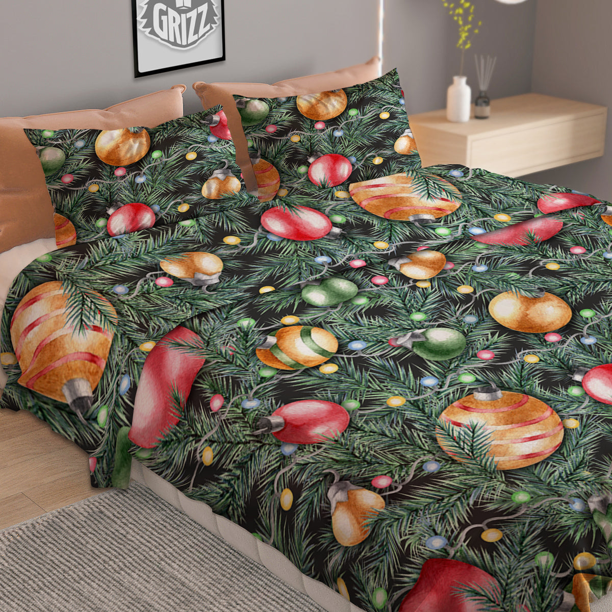 Merry Christmas Watercolor Print Pattern Duvet Cover Bedding Set