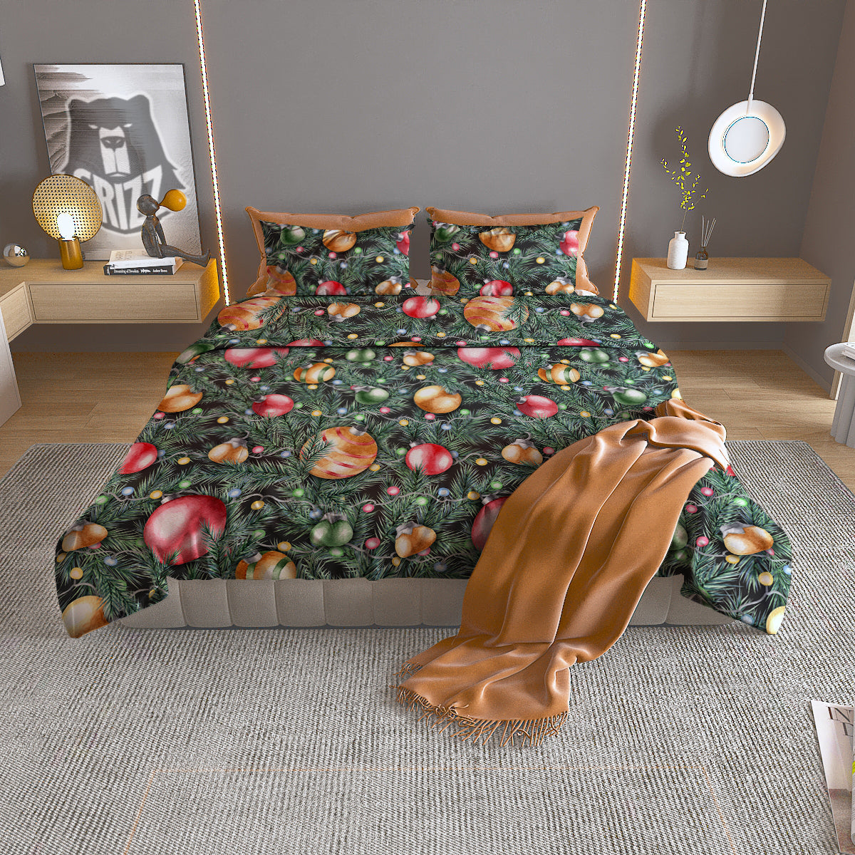 Merry Christmas Watercolor Print Pattern Duvet Cover Bedding Set