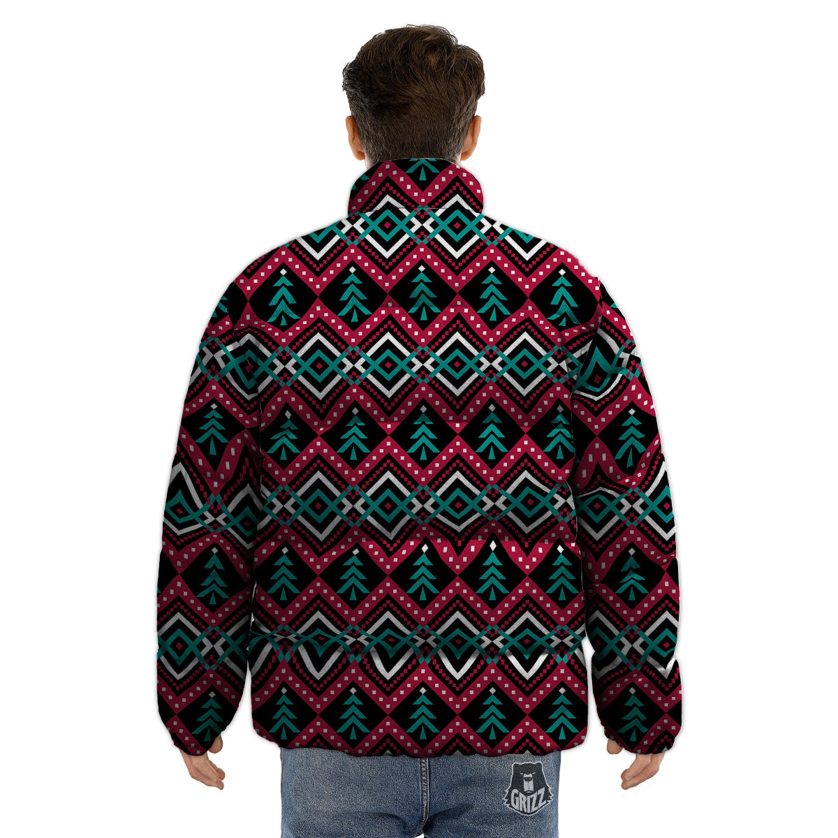 Merry Christmas Zigzag Print Pattern Puffer Jacket-grizzshop