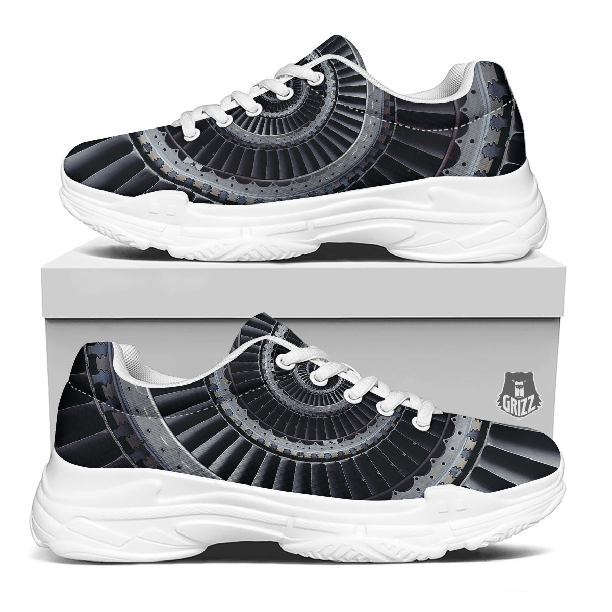 Metal Spiral Dark Navy Print White Chunky Shoes-grizzshop