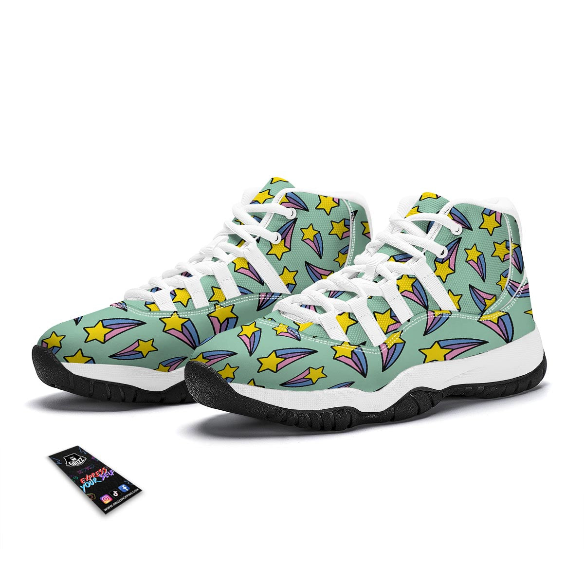 Metero Star Pattern Print White Bball Shoes-grizzshop