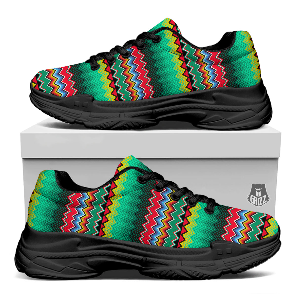 Mexican Blanket Zigzag Colorful Print Black Chunky Shoes-grizzshop