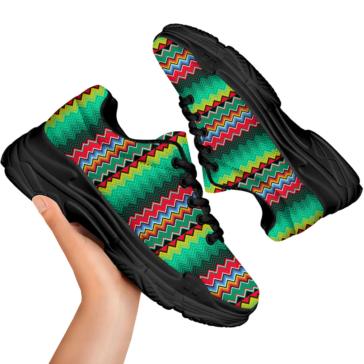 Mexican Blanket Zigzag Colorful Print Black Chunky Shoes-grizzshop