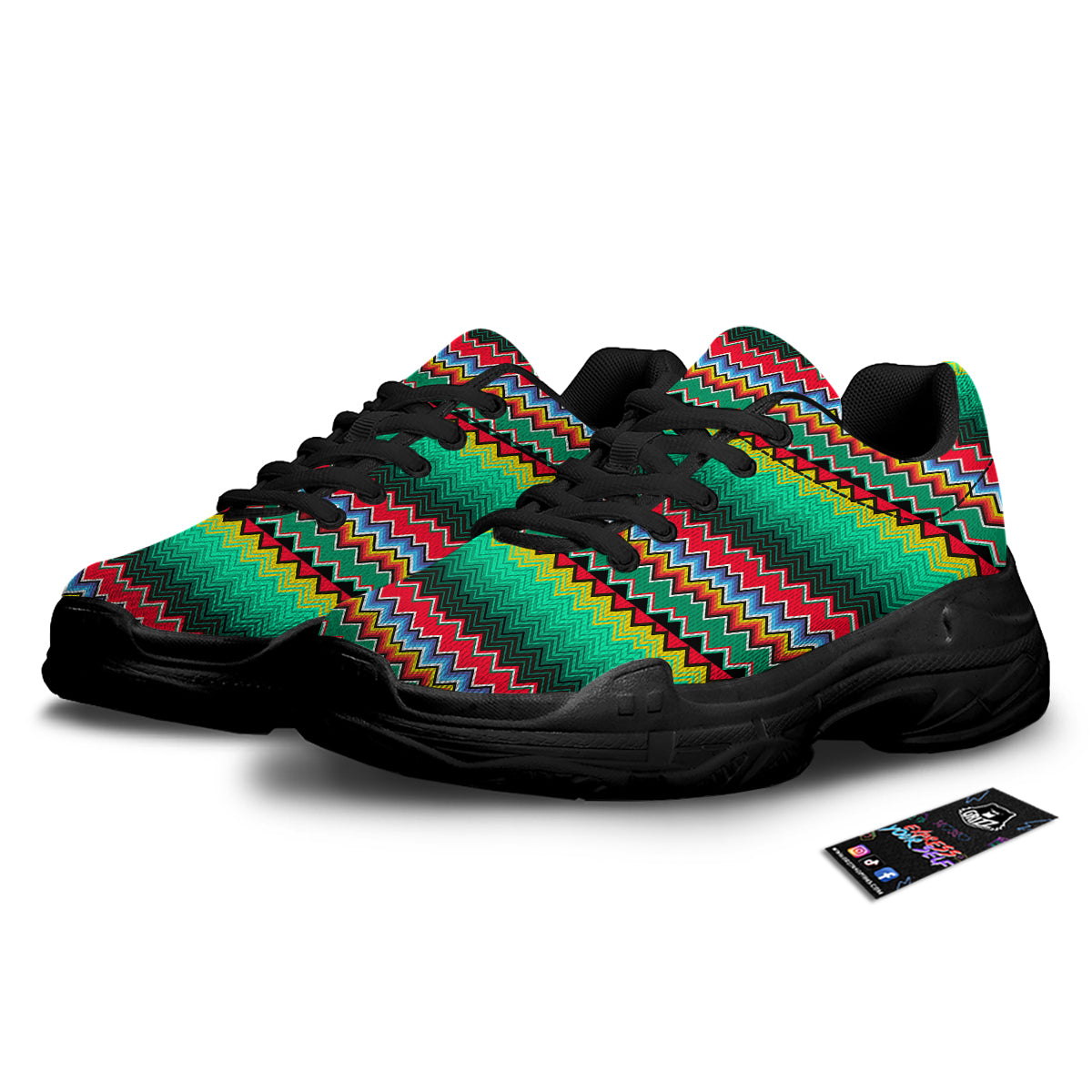 Mexican Blanket Zigzag Colorful Print Black Chunky Shoes-grizzshop