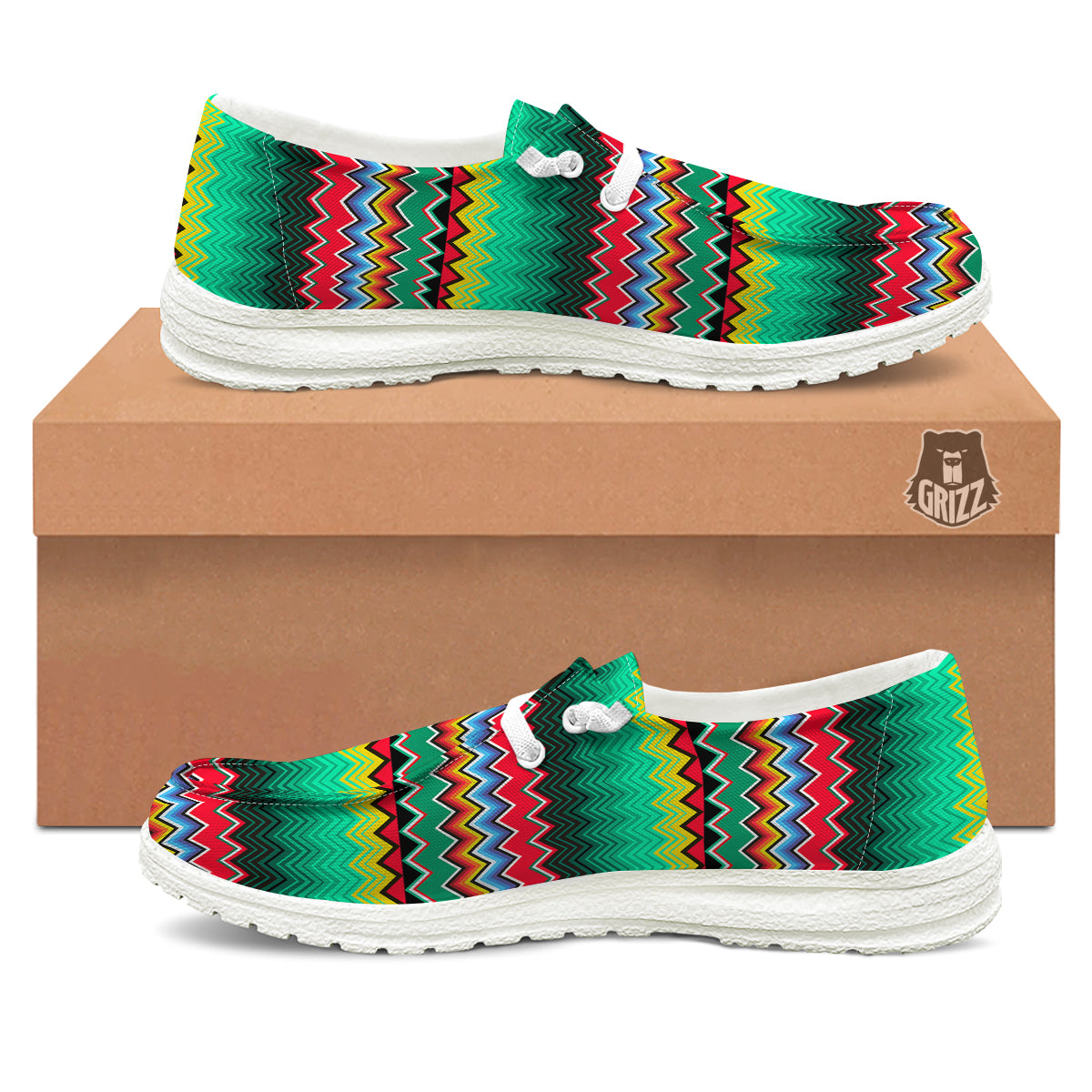 Mexican Blanket Zigzag Colorful Print White Loafers-grizzshop