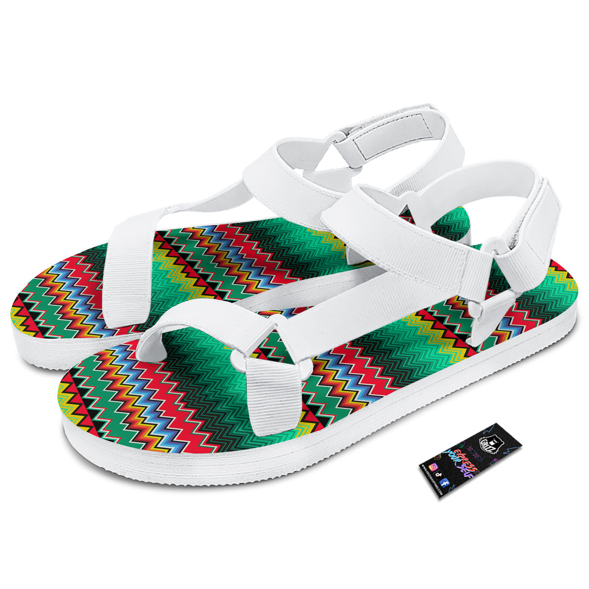 Mexican Blanket Zigzag Colorful Print White Open Toe Sandals-grizzshop