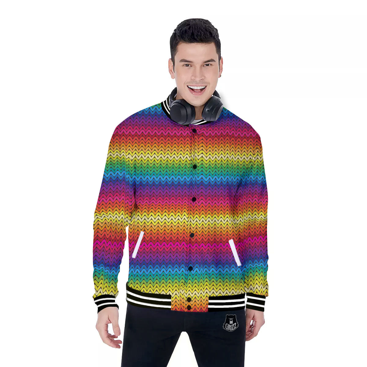 Mexican Rainbow Knitted Print Pattern Baseball Jacket-grizzshop