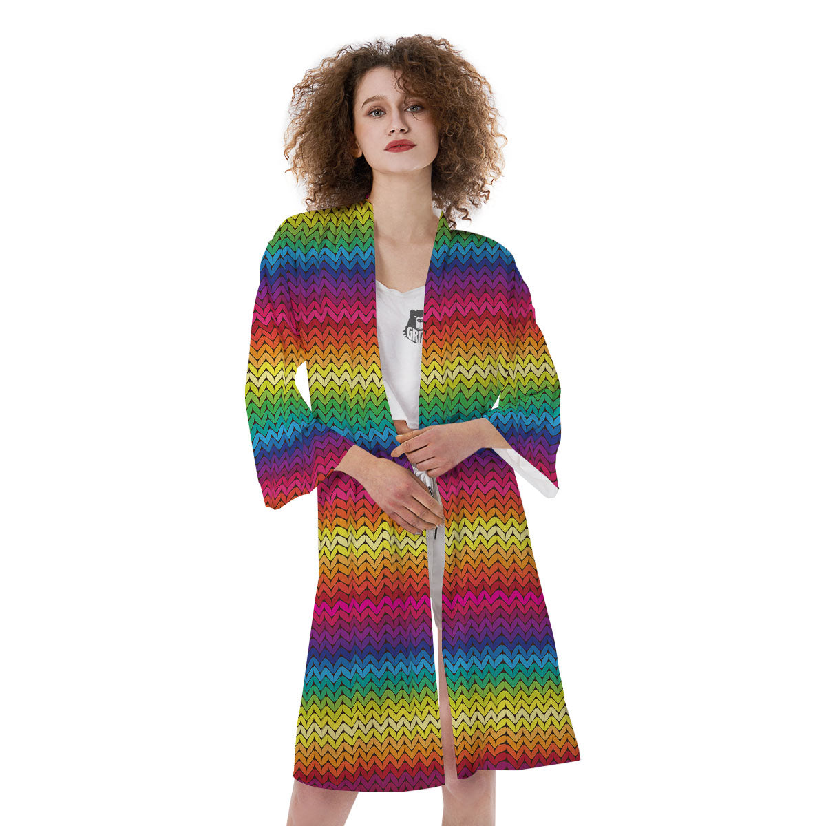 Mexican Rainbow Knitted Print Pattern Kimono-grizzshop