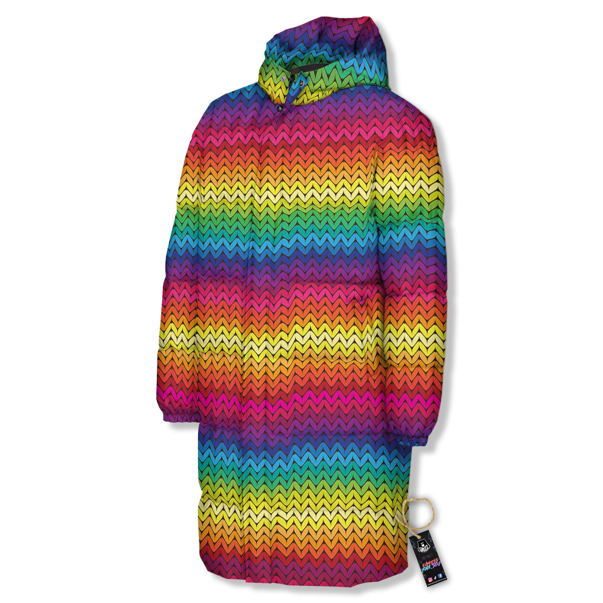 Mexican Rainbow Knitted Print Pattern Long Down Jacket-grizzshop