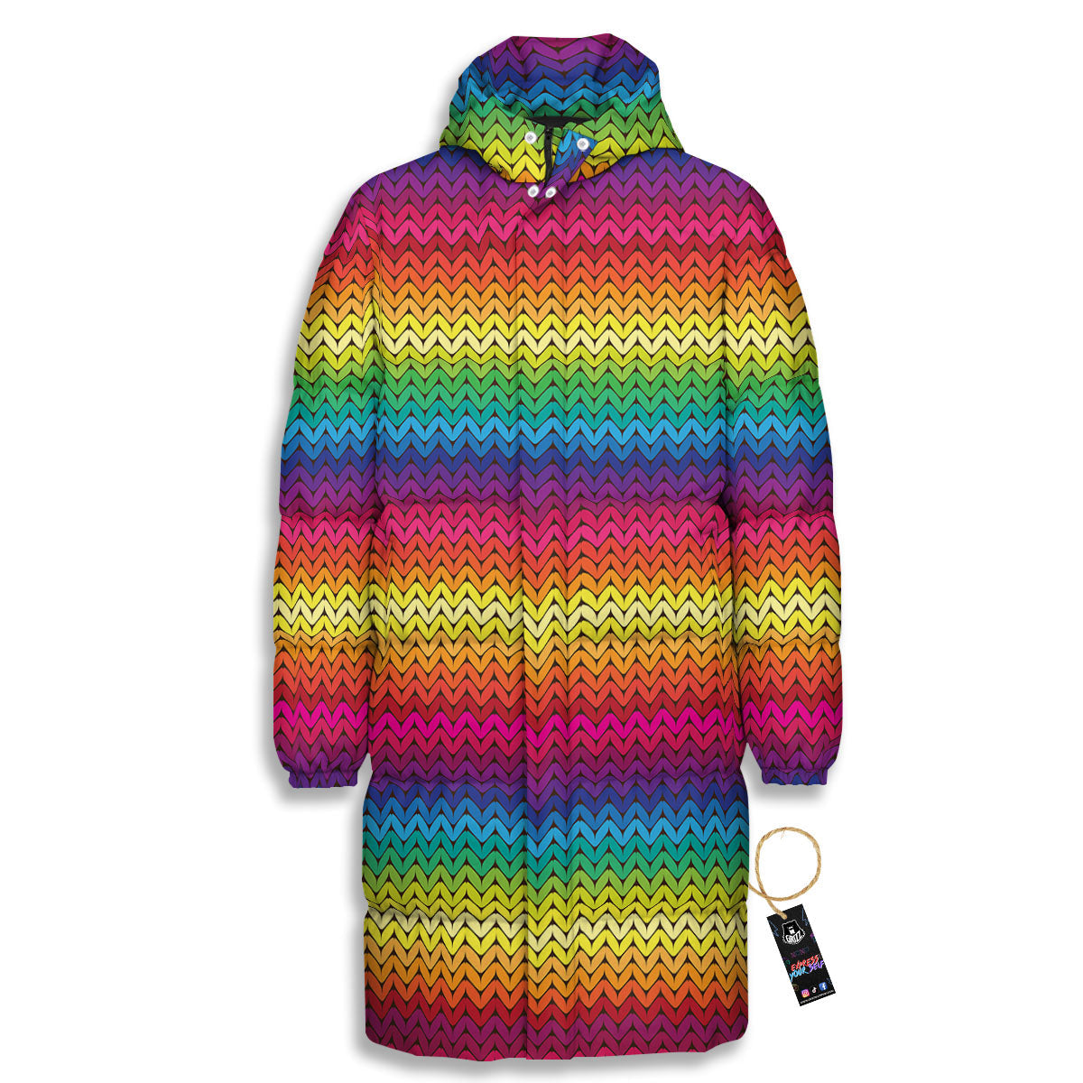 Mexican Rainbow Knitted Print Pattern Long Down Jacket-grizzshop