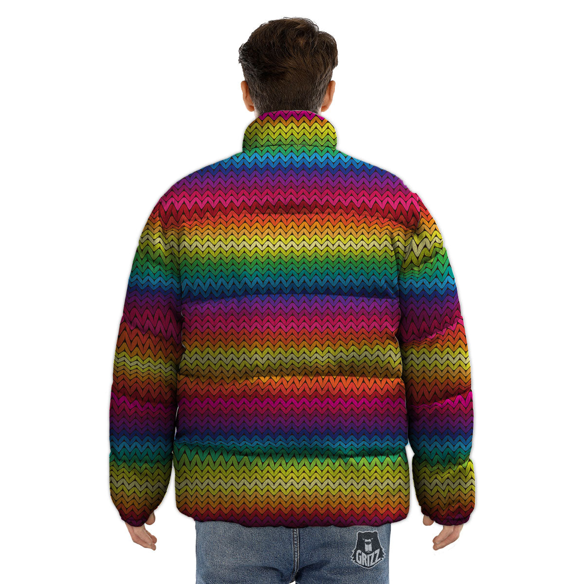 Mexican Rainbow Knitted Print Pattern Puffer Jacket-grizzshop