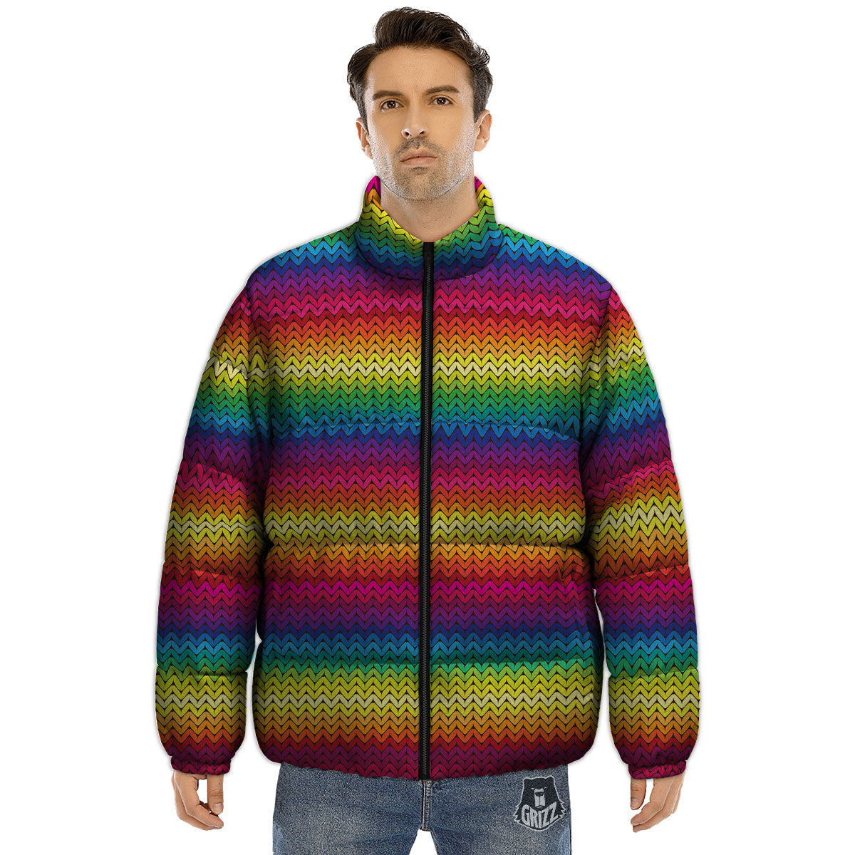 Mexican Rainbow Knitted Print Pattern Puffer Jacket-grizzshop