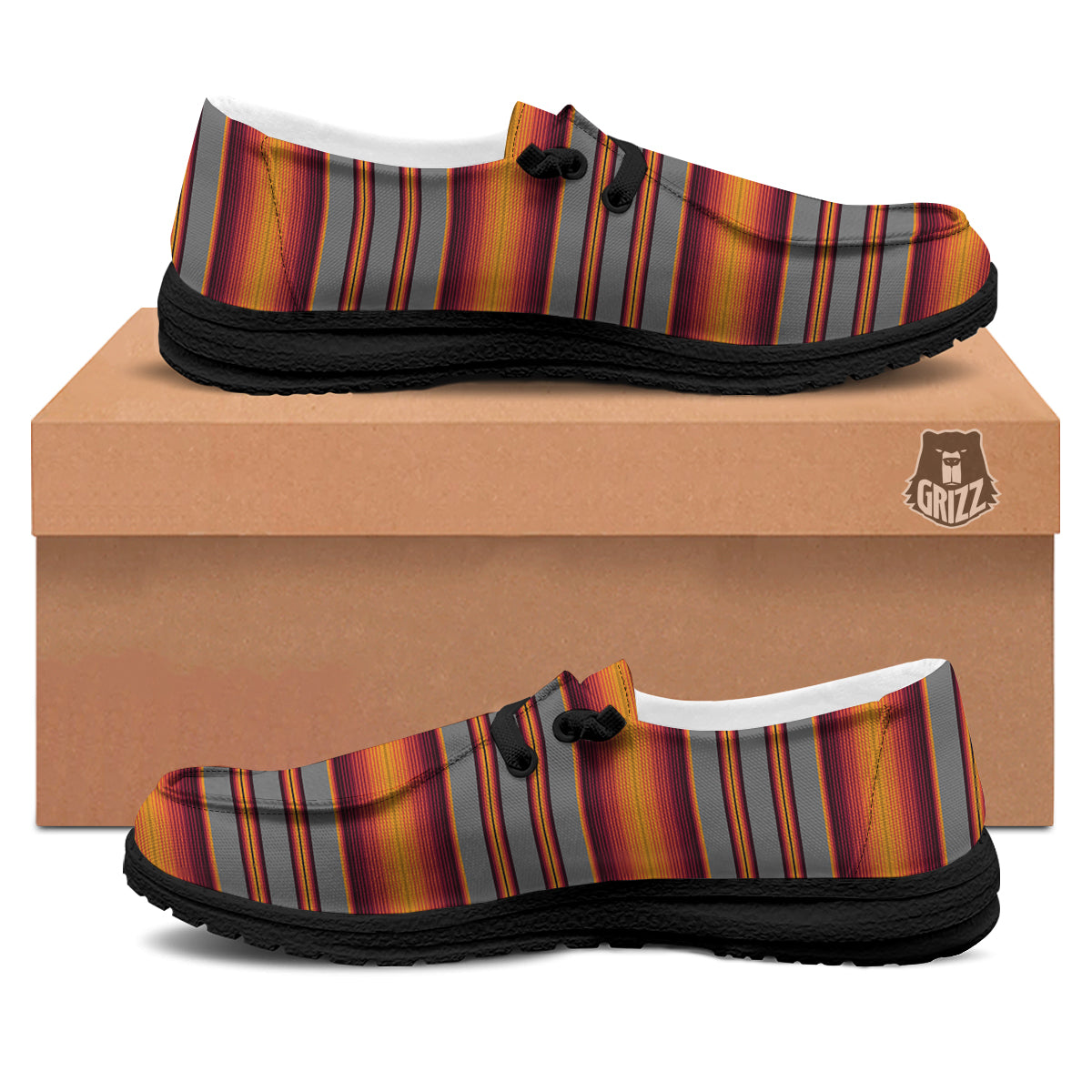 Mexican Serape Grey Orange Print Black Loafers-grizzshop