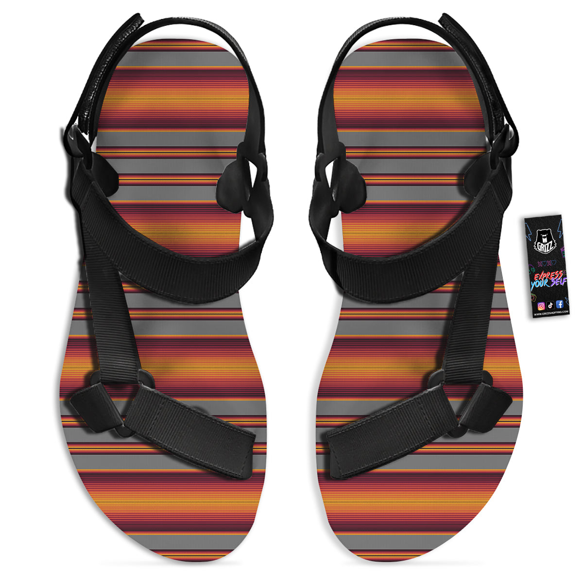 Mexican Serape Grey Orange Print Black Open Toe Sandals-grizzshop