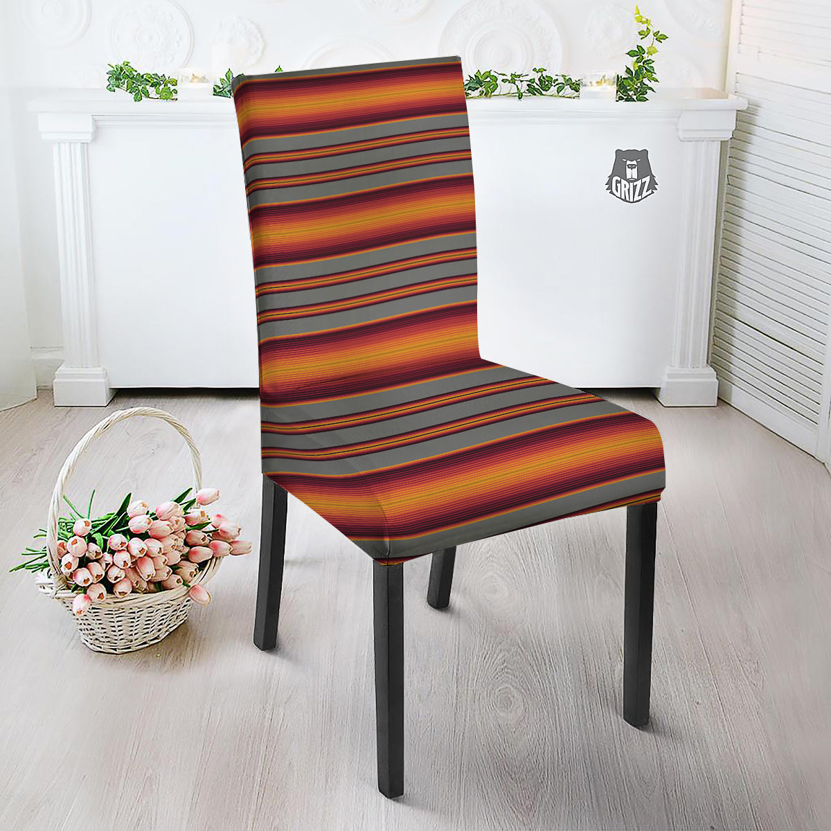 Mexican Serape Grey Orange Print Dining Chair Slipcover-grizzshop