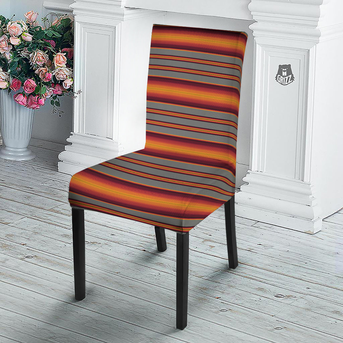 Mexican Serape Grey Orange Print Dining Chair Slipcover-grizzshop