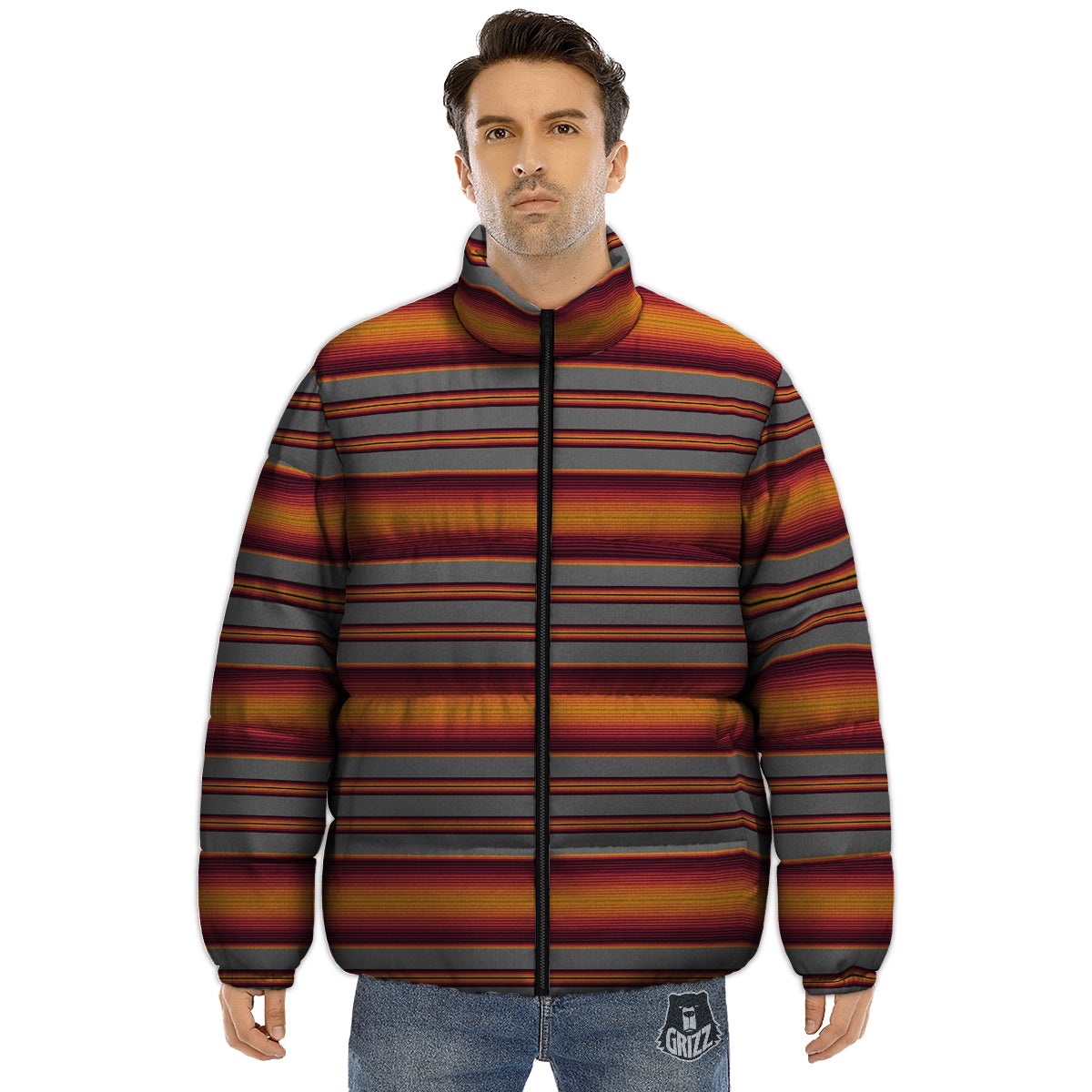 Mexican Serape Grey Orange Print Puffer Jacket-grizzshop