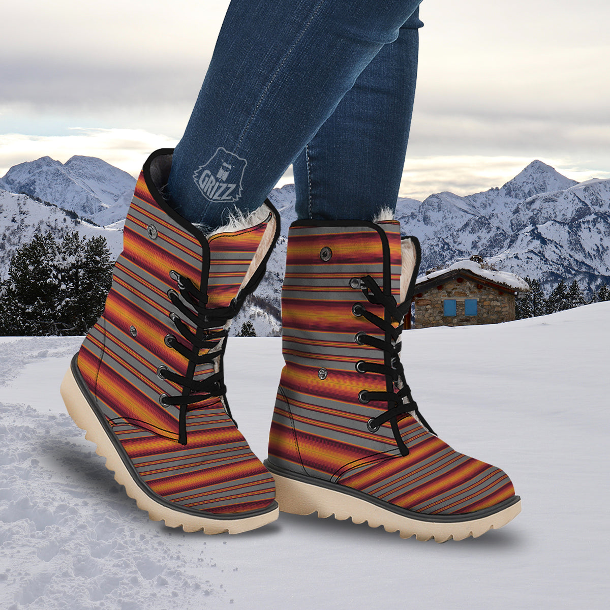 Mexican Serape Grey Orange Print Snow Boots-grizzshop