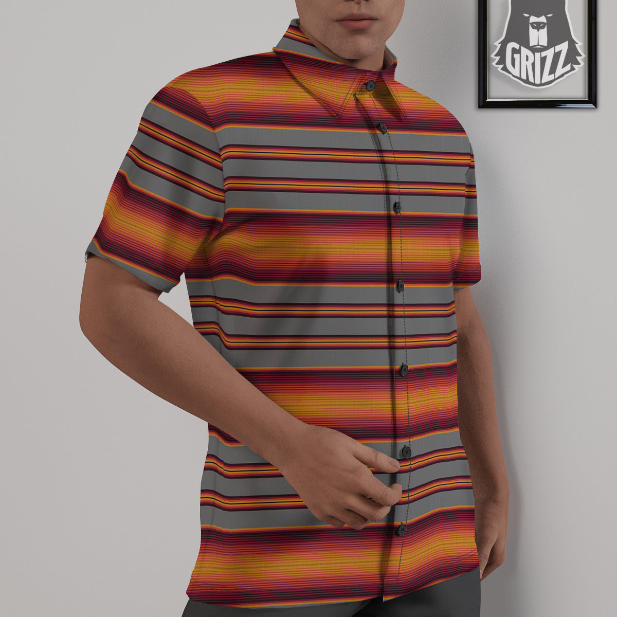 Mexican Serape Grey Orange Print Untucked Shirts-grizzshop