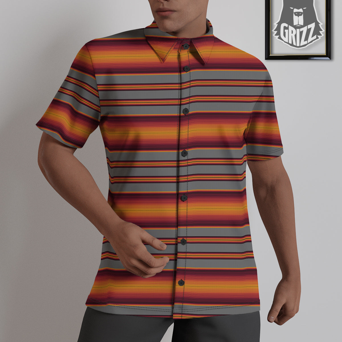 Mexican Serape Grey Orange Print Untucked Shirts-grizzshop