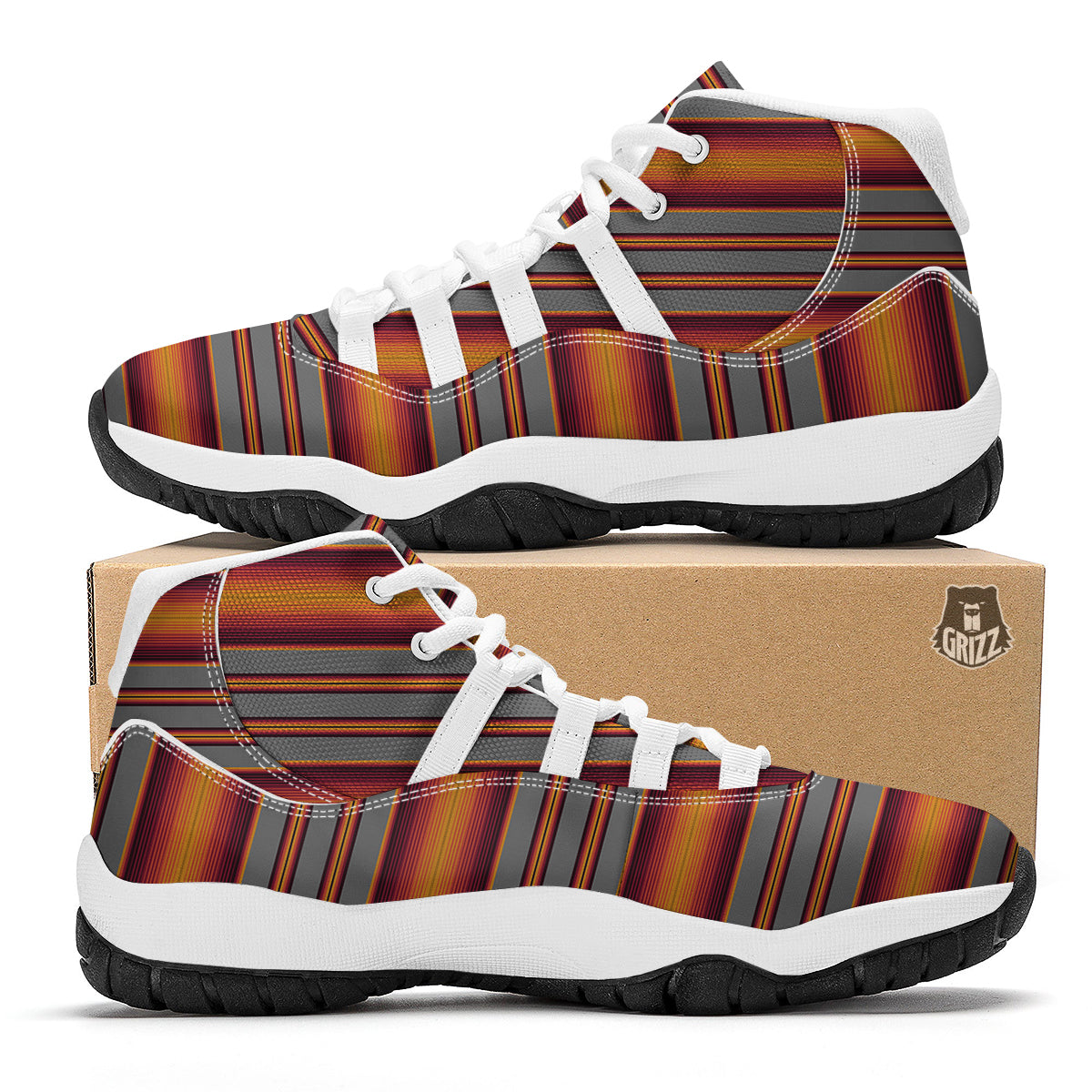 Mexican Serape Grey Orange Print White Bball Shoes-grizzshop