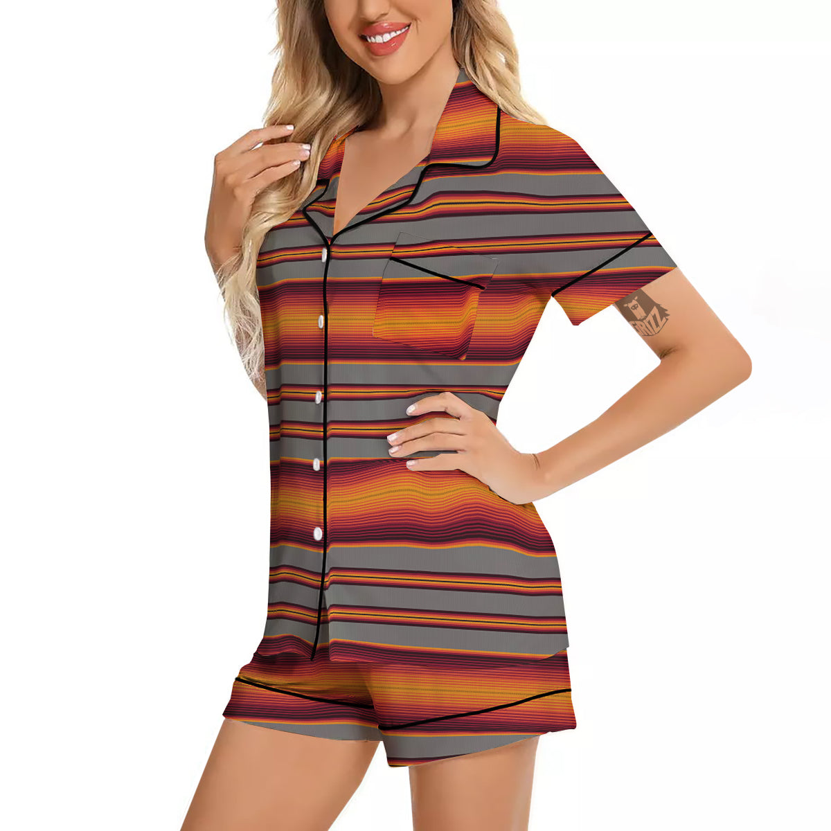 Mexican Serape Grey Orange Print Women Silk Pajamas-grizzshop