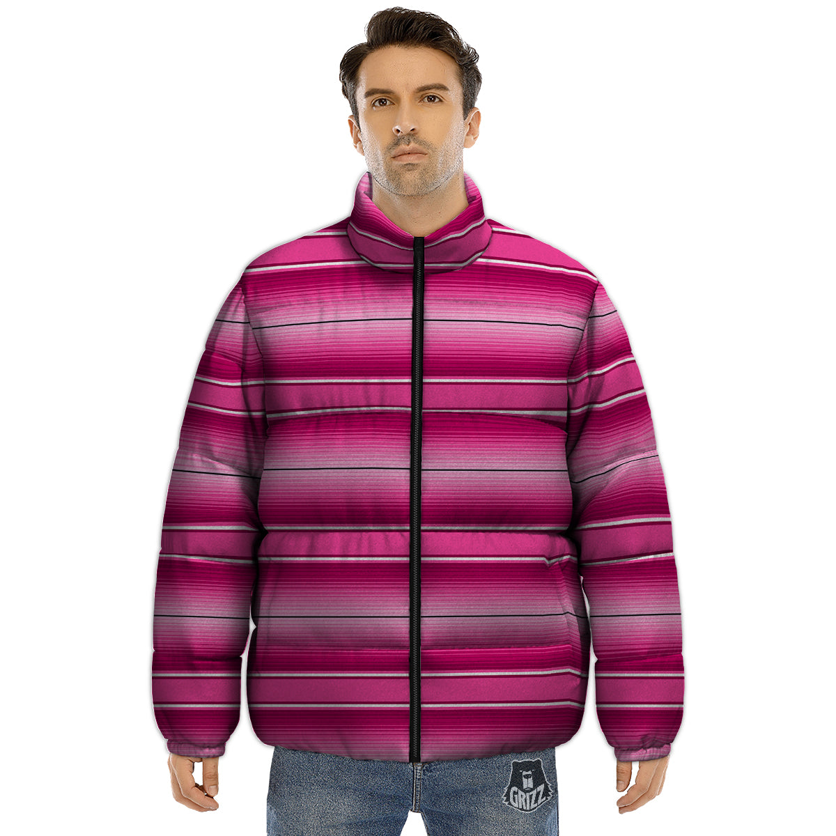 Mexican Serape Pink Print Puffer Jacket-grizzshop