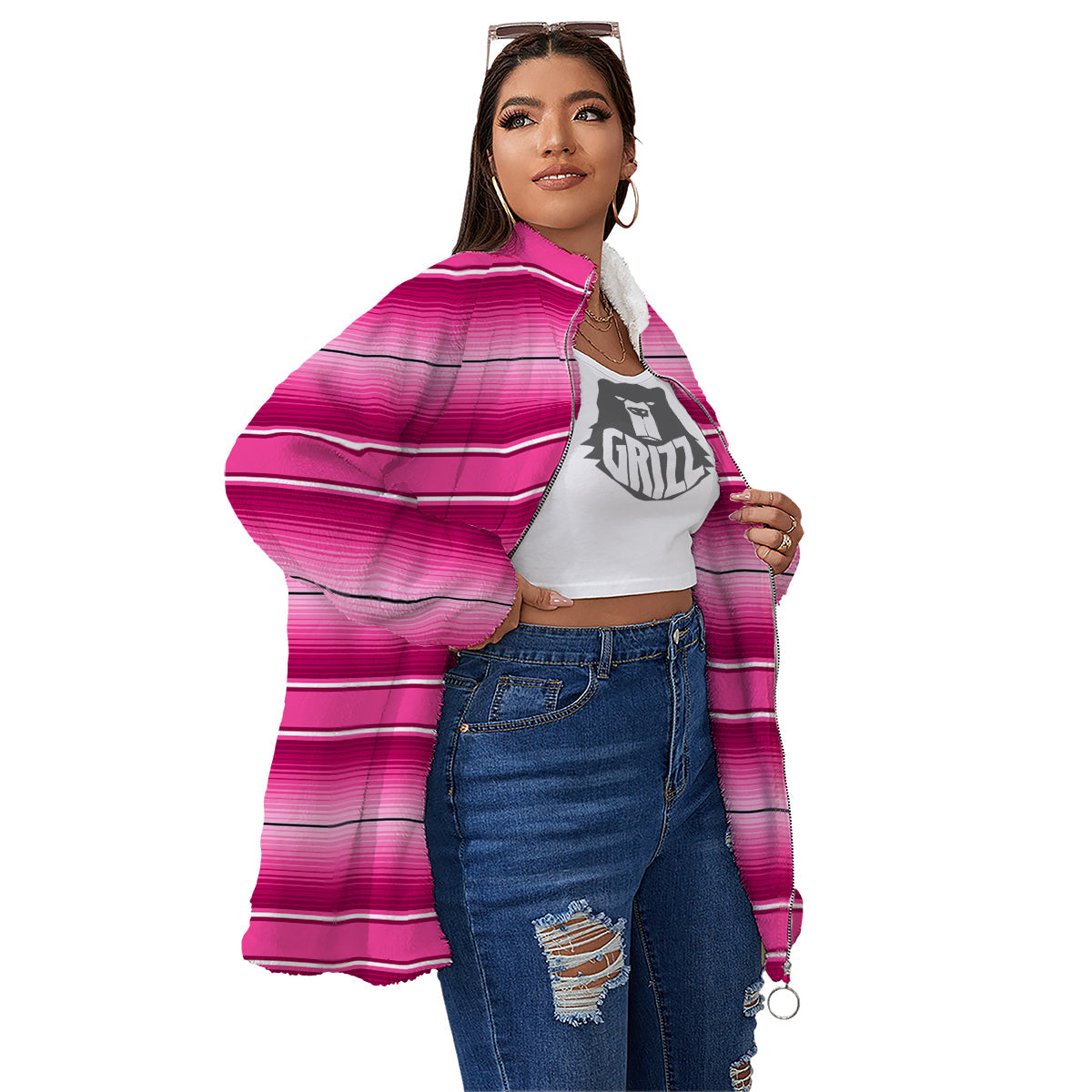 Mexican Serape Pink Print Women's Sherpa Jacket-grizzshop