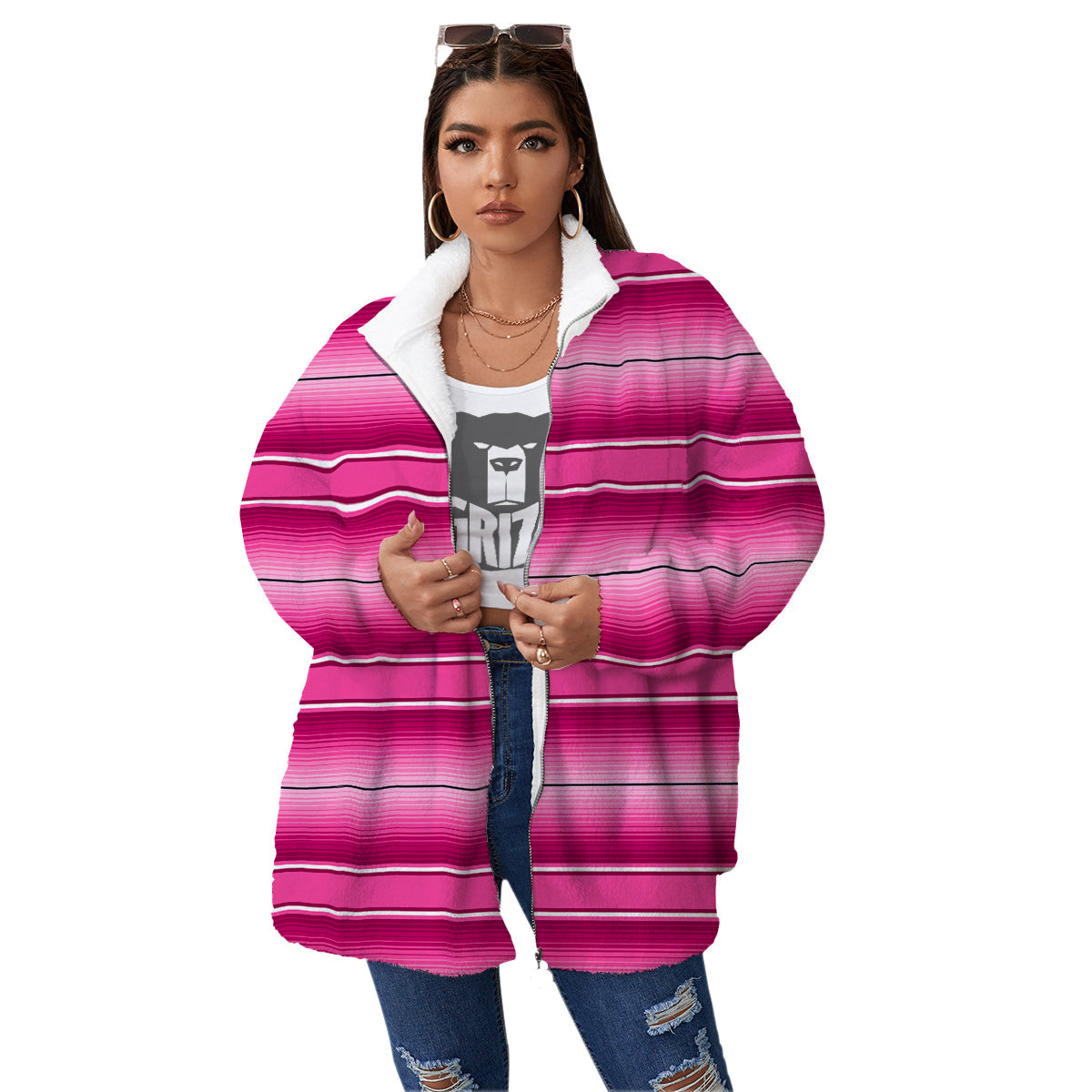 Mexican Serape Pink Print Women's Sherpa Jacket-grizzshop