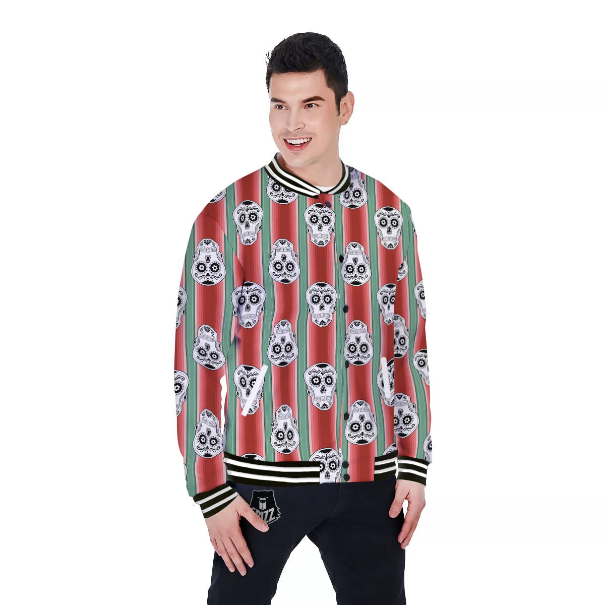 Mexican Serape Sugar Skull Print Pattern Baseball Jacket-grizzshop