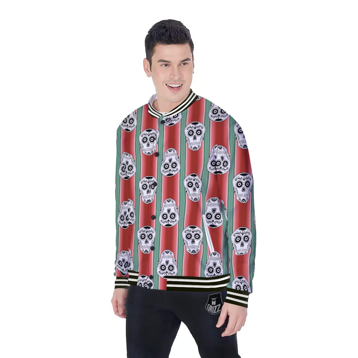 Mexican Serape Sugar Skull Print Pattern Baseball Jacket-grizzshop